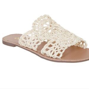 Qupid Crochet Raffia Sandals
